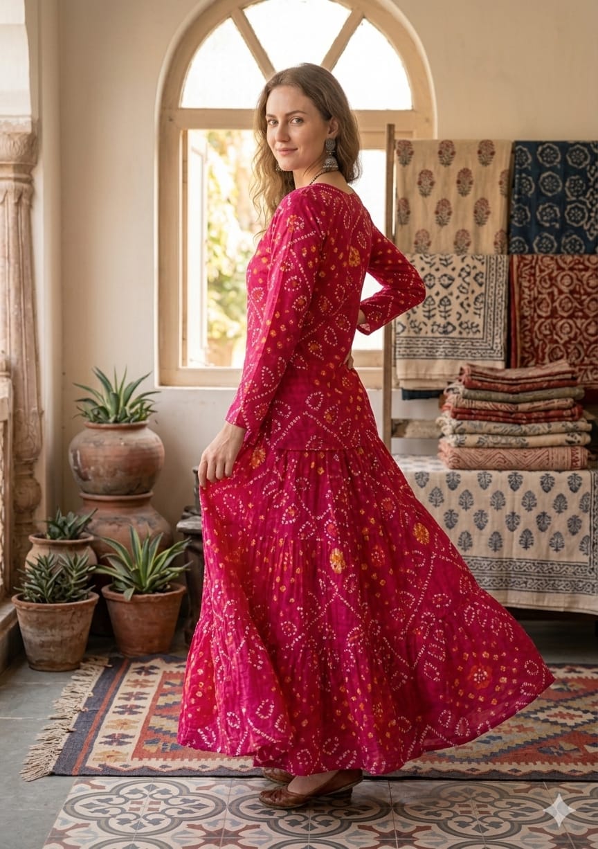 Women’s Pink Bandhej Printed Cotton Kurta with Flared Skirt Set