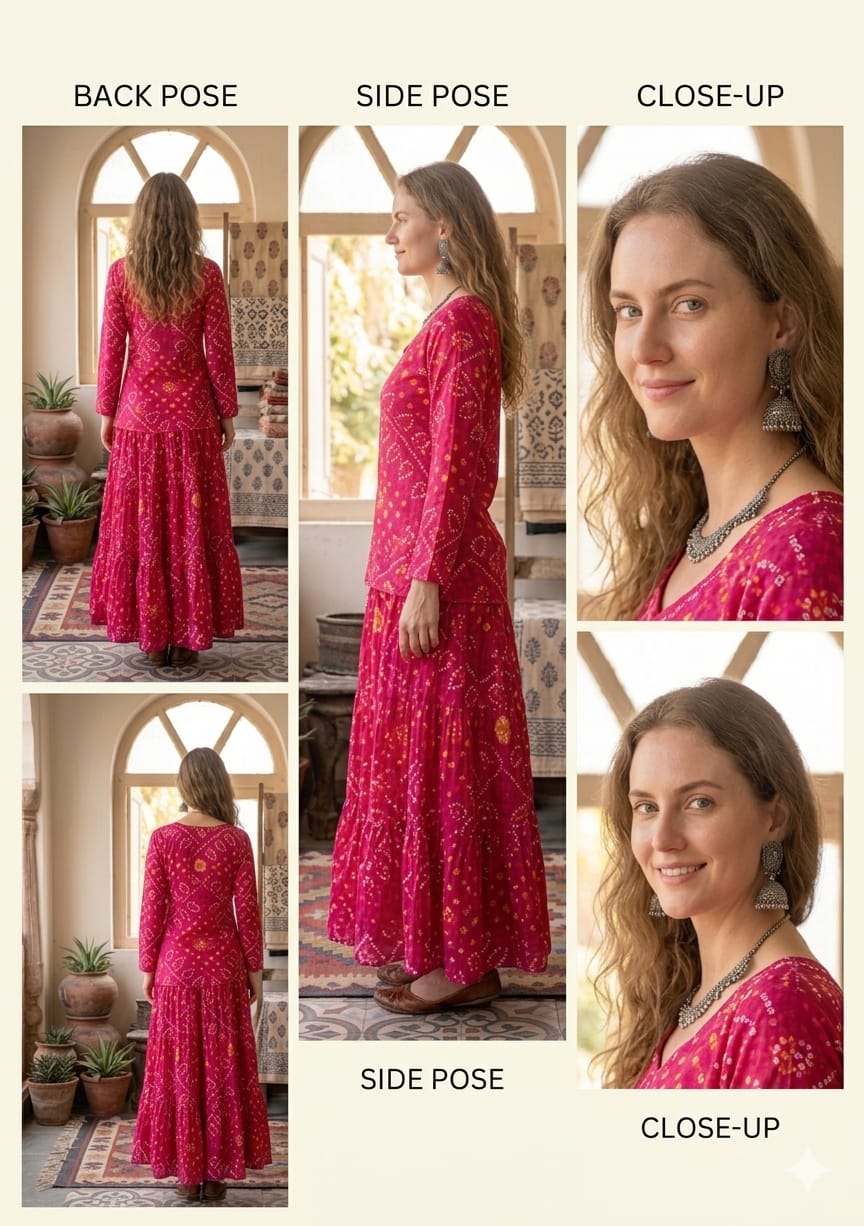 Women’s Pink Bandhej Printed Cotton Kurta with Flared Skirt Set