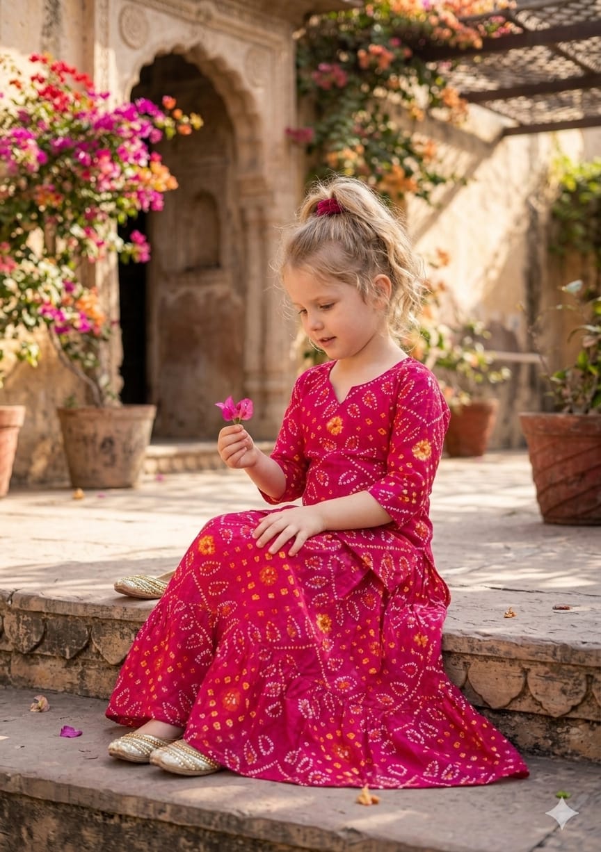 Baby Girls Pink Bandhej Printed Cotton Kurta with Flared Skirt Set