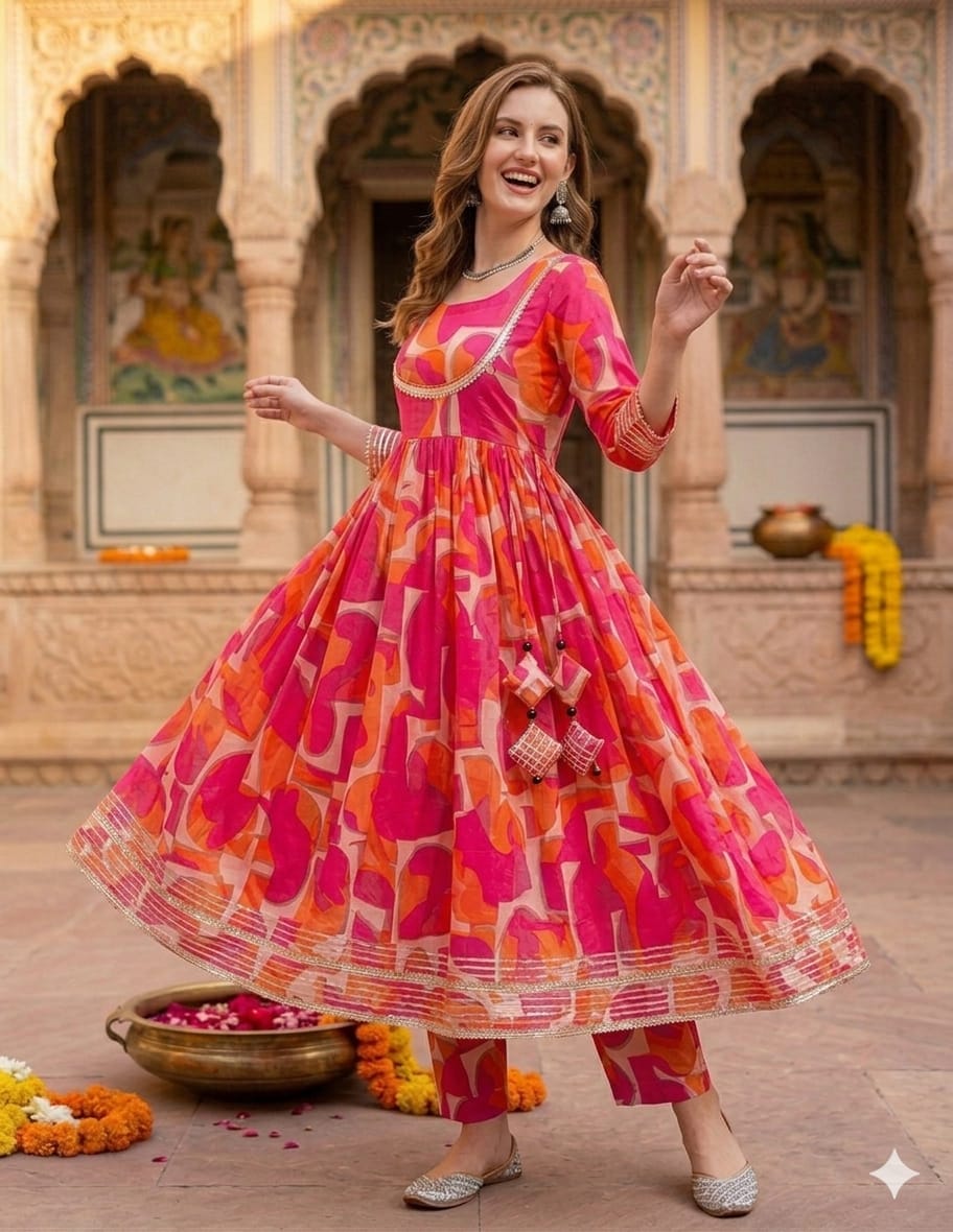 Women’s Pink Abstract Print Rayon Anarkali Kurta Set