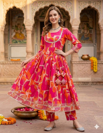 Women’s Pink Abstract Print Rayon Anarkali Kurta Set