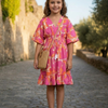 Girls Pink Abstract Print Kaftan Dress with Smocked Waist & Tassel Tie-Up