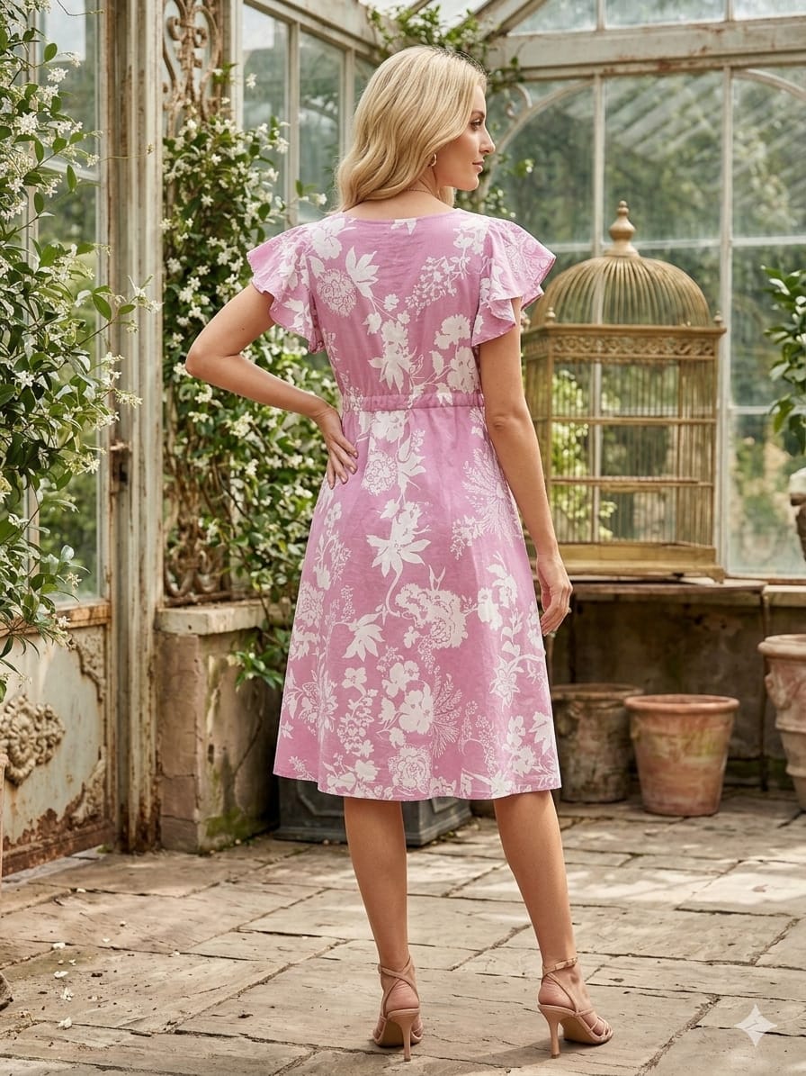 Women’s Pink Floral Printed Cotton Umbrella Style A-Line Dress with Drawstring Waist