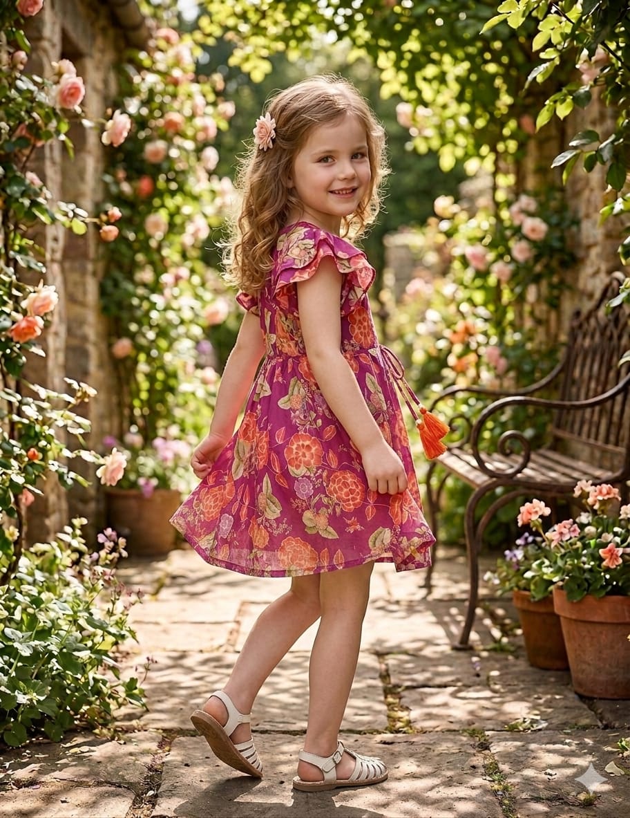 Baby Girls Dark Pink Floral Printed Cotton Umbrella Style A-Line Dress with Flutter Sleeves