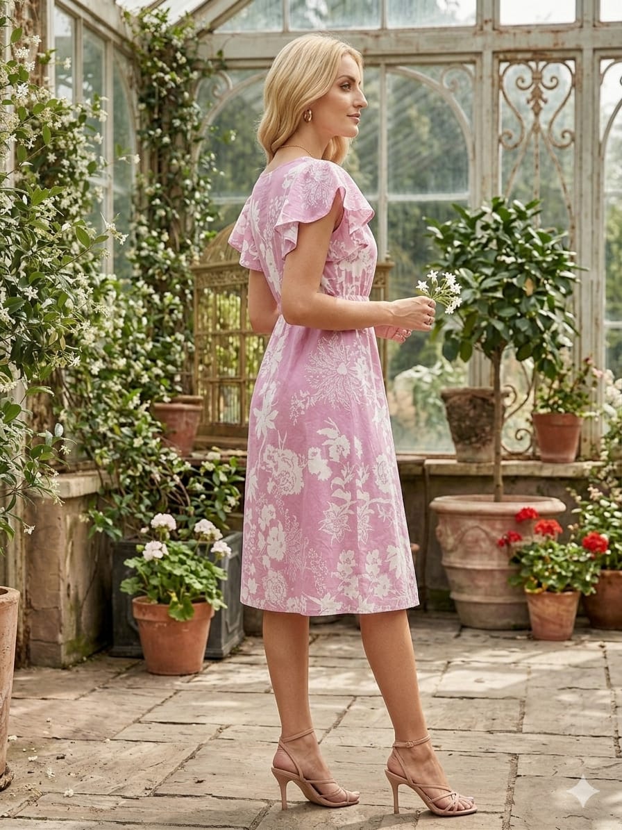 Women’s Pink Floral Printed Cotton Umbrella Style A-Line Dress with Drawstring Waist