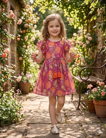 Baby Girls Dark Pink Floral Printed Cotton Umbrella Style A-Line Dress with Flutter Sleeves