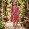 Baby Girls Dark Pink Floral Printed Cotton Umbrella Style A-Line Dress with Flutter Sleeves