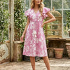 Women’s Pink Floral Printed Cotton Umbrella Style A-Line Dress with Drawstring Waist