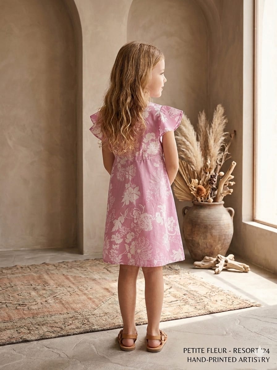 Baby Girls Pink Floral Printed Cotton Umbrella Style A-Line Dress with Flutter Sleeves