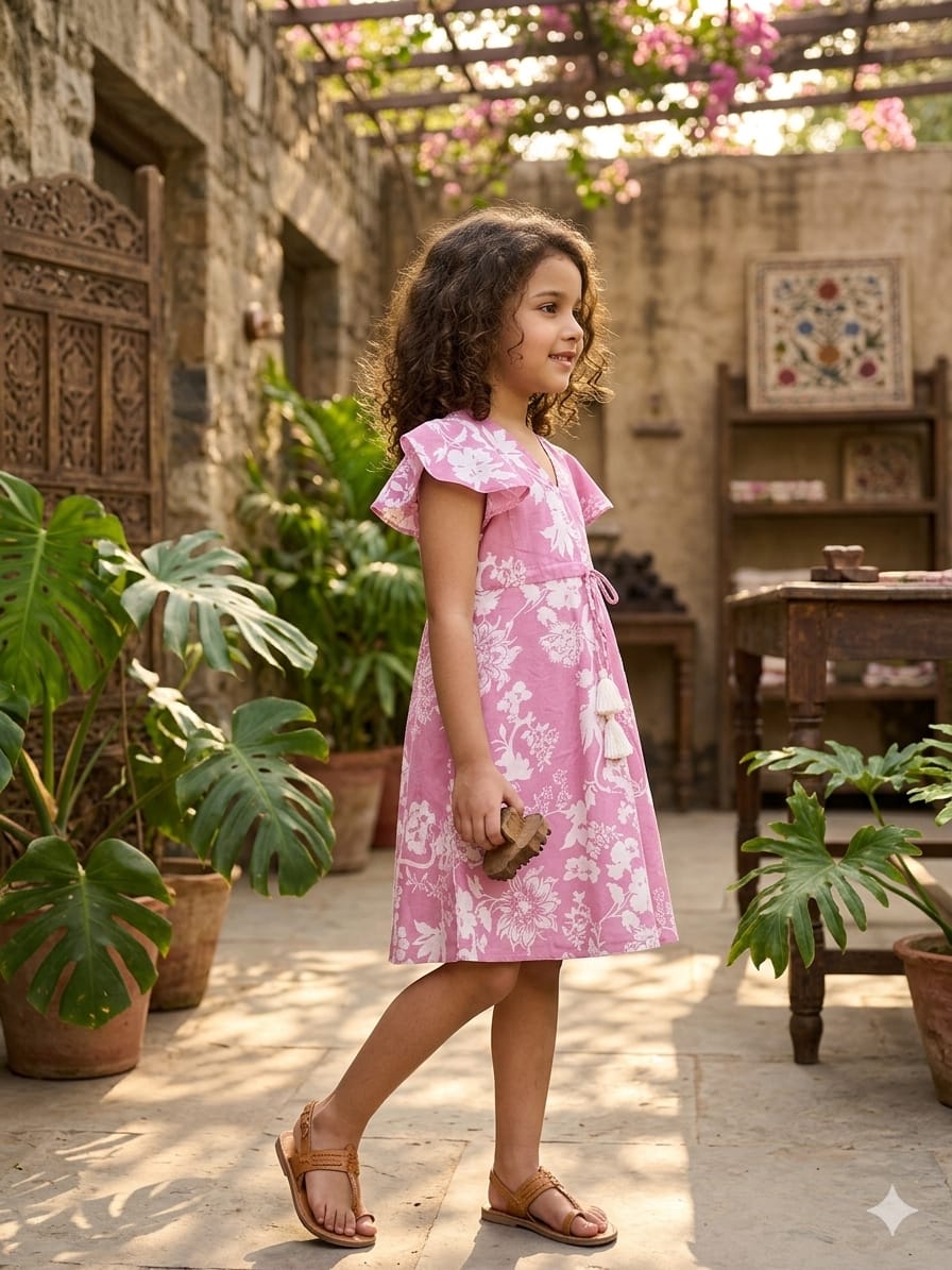 Baby Girls Pink Floral Printed Cotton Umbrella Style A-Line Dress with Flutter Sleeves