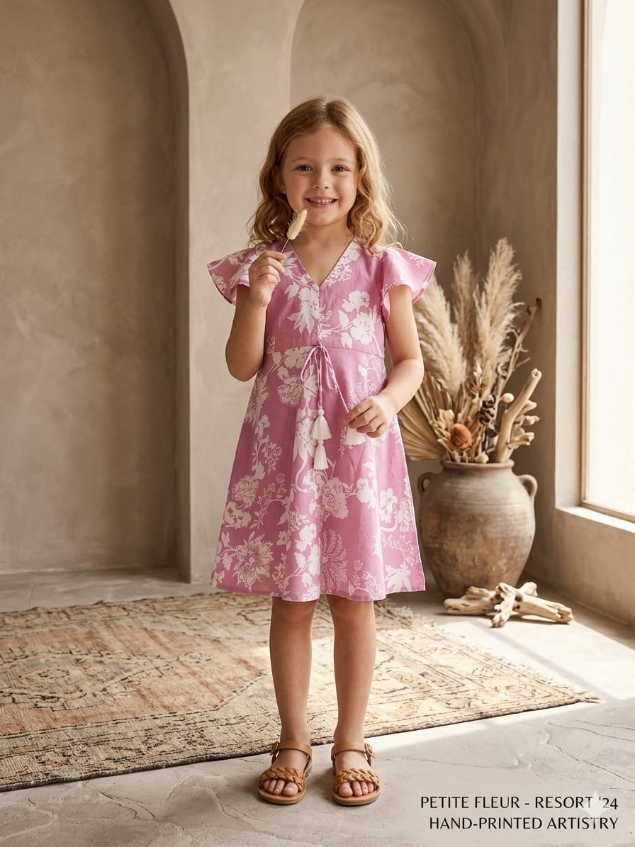 Baby Girls Pink Floral Printed Cotton Umbrella Style A-Line Dress with Flutter Sleeves