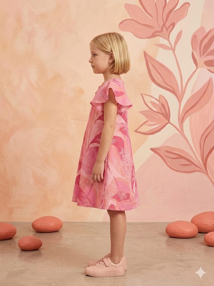 Baby Girls Pink Leaf Printed Cotton Umbrella Style A-Line Dress with Flutter Sleeves