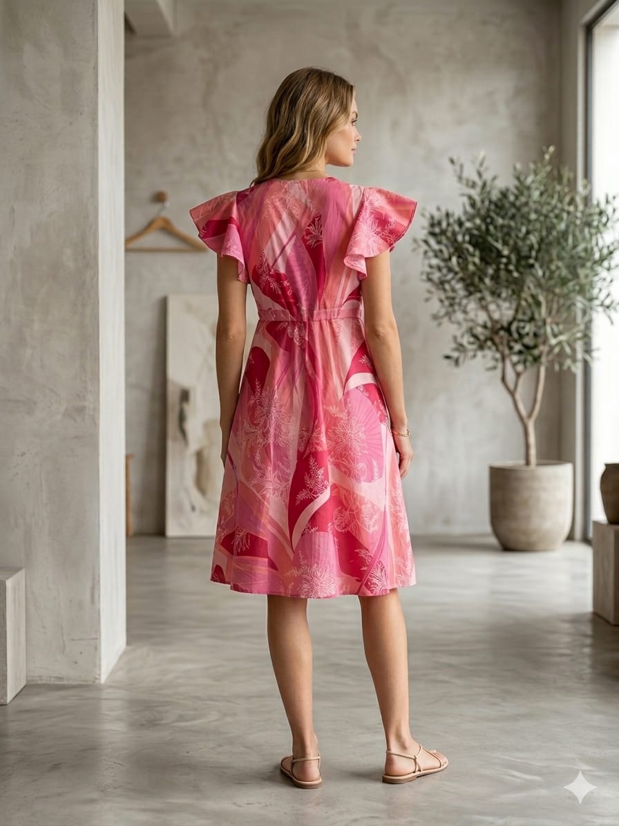 Women’s Pink Leaf Printed Cotton Umbrella Style A-Line Dress with Drawstring Waist