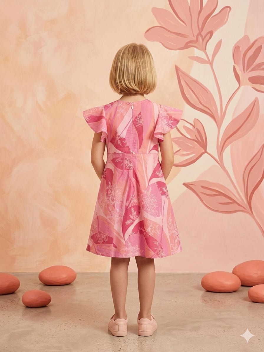 Baby Girls Pink Leaf Printed Cotton Umbrella Style A-Line Dress with Flutter Sleeves