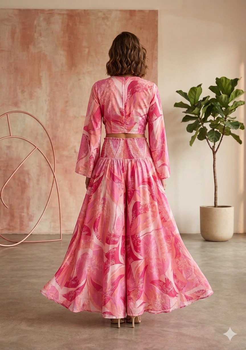 Blush Pink Abstract Print Co-Ord Set with Tie-Up Crop Top & Flared Palazzo