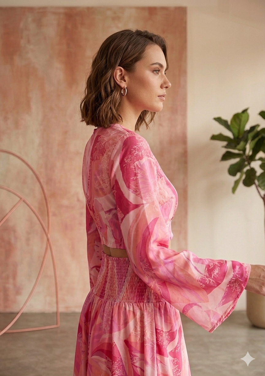 Blush Pink Abstract Print Co-Ord Set with Tie-Up Crop Top & Flared Palazzo