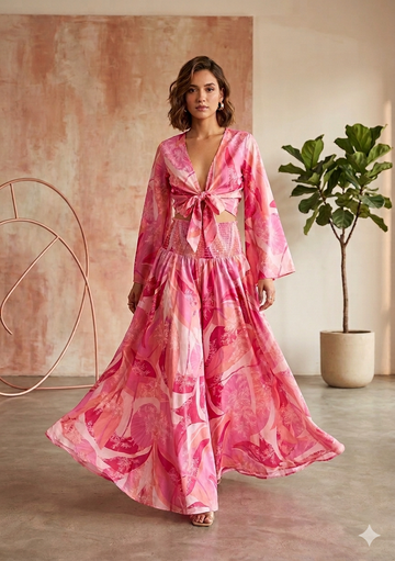 Blush Pink Abstract Print Co-Ord Set with Tie-Up Crop Top & Flared Palazzo