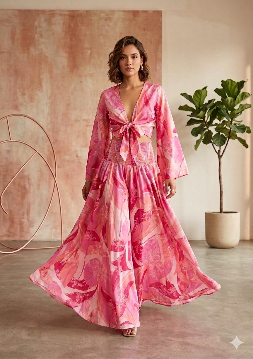 Blush Pink Abstract Print Co-Ord Set with Tie-Up Crop Top & Flared Palazzo