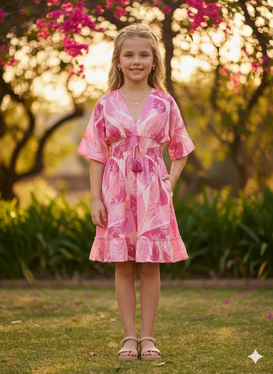 Girls Pink Floral Print Kaftan Dress with Smocked Waist & Tassel Tie-Up