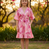 Girls Pink Floral Print Kaftan Dress with Smocked Waist & Tassel Tie-Up