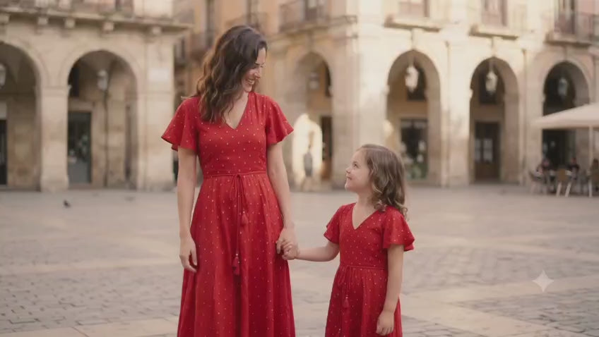 Mom & Daughter Red Silk Mirror embroidery Work Dresses