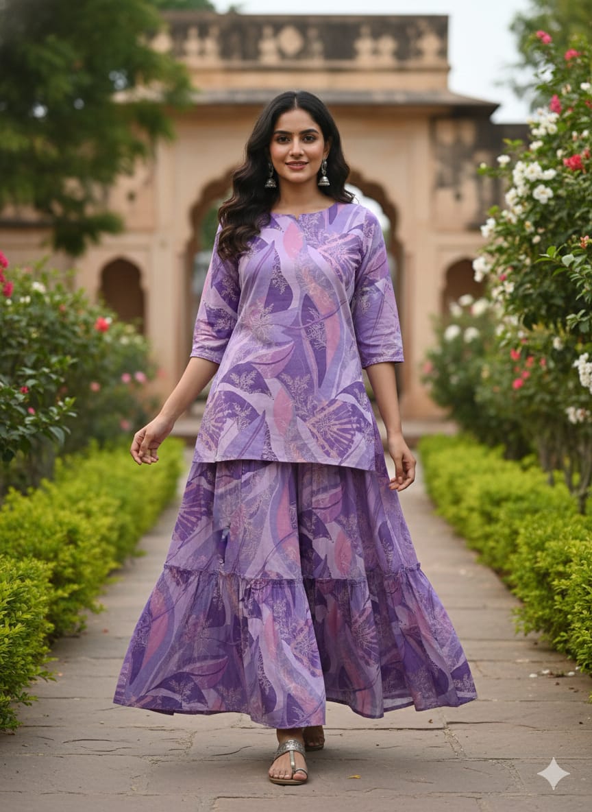 Women’s Purple Abstract Printed Cotton Kurta with Flared Skirt Set