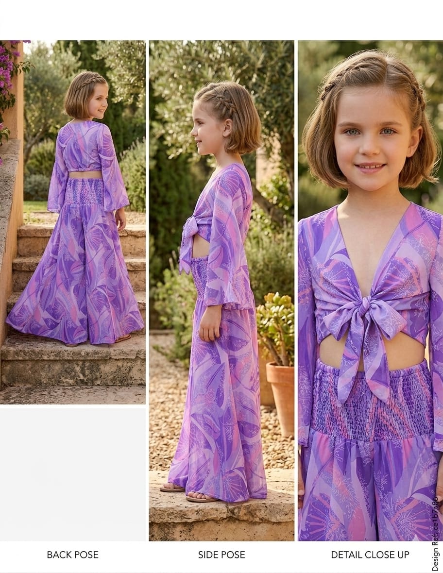 Baby Girls Purple Abstract Printed Tie-Front Crop Top & Flared Palazzo Pant Co-ord Set