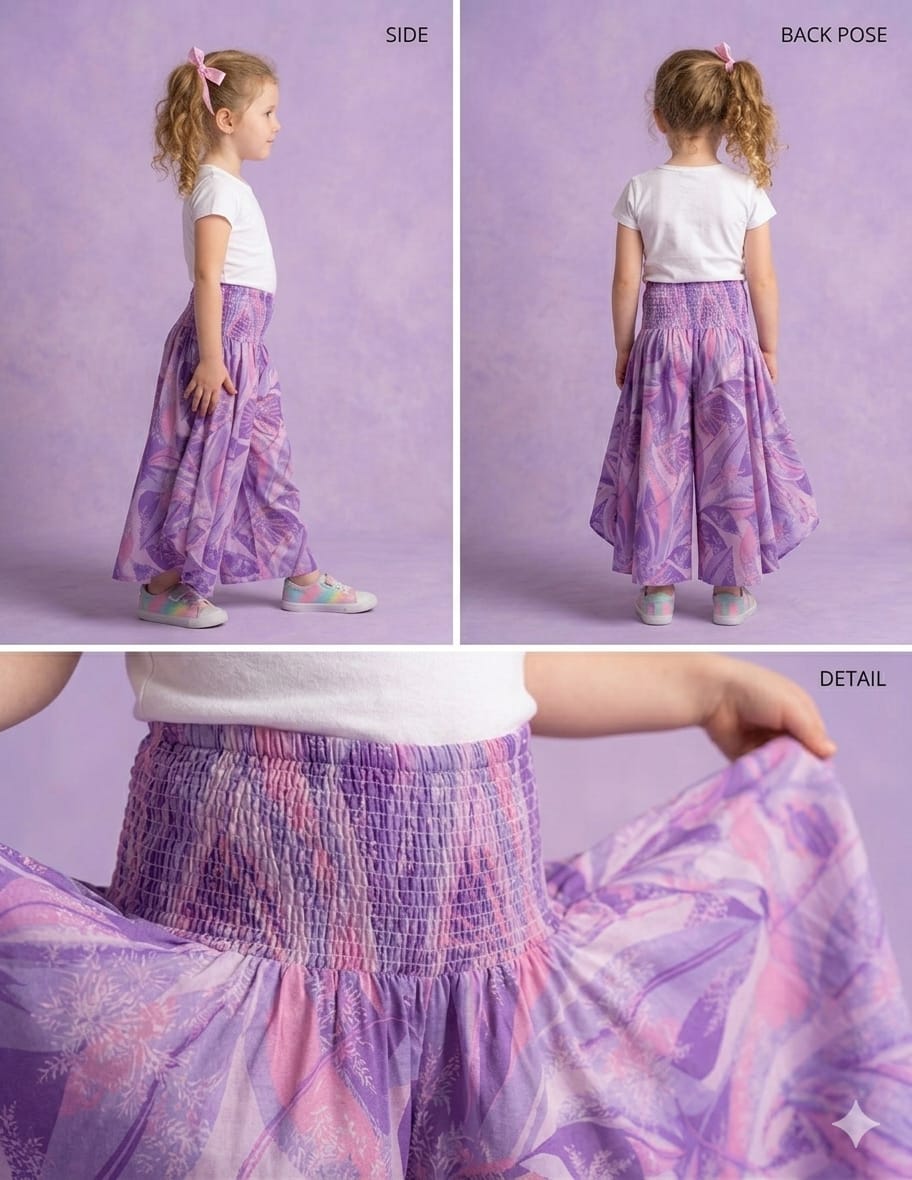 Baby Girl Purple Abstract Printed Cotton Flared Palazzo Pants with Smocked Waist