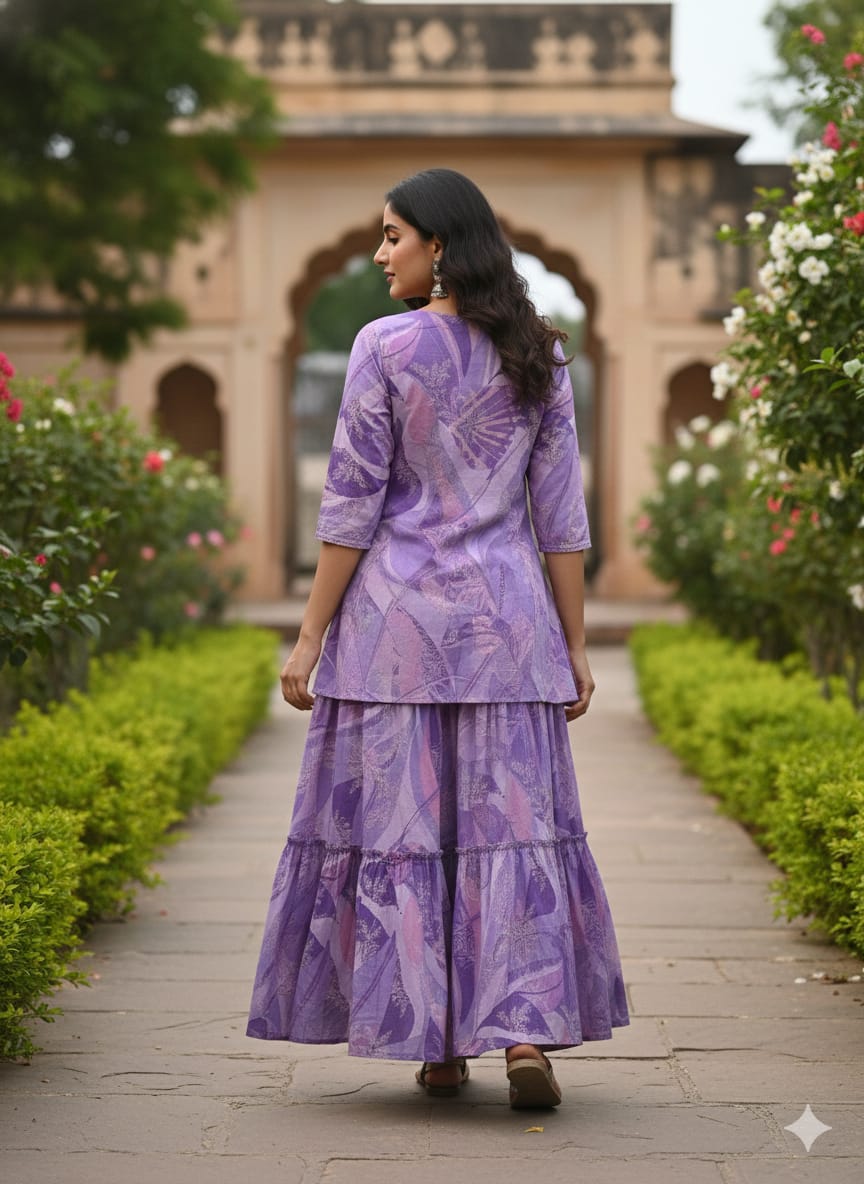 Women’s Purple Abstract Printed Cotton Kurta with Flared Skirt Set