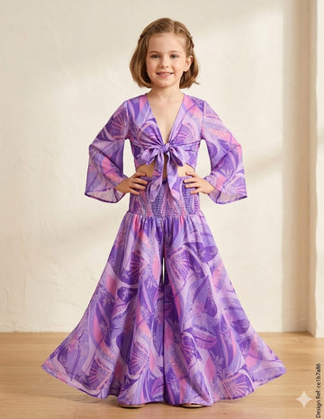 Baby Girls Purple Abstract Printed Tie-Front Crop Top & Flared Palazzo Pant Co-ord Set