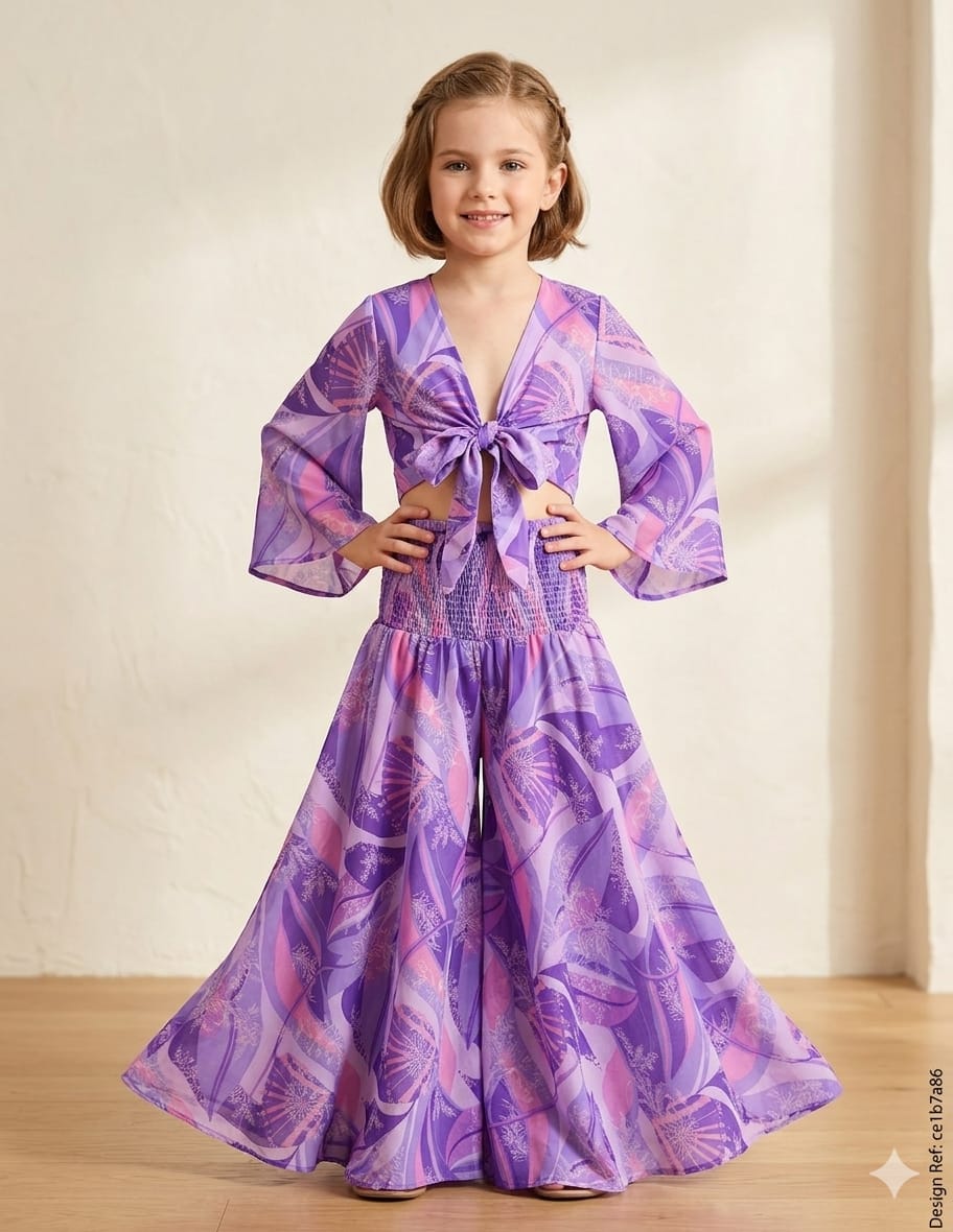 Baby Girls Purple Abstract Printed Tie-Front Crop Top & Flared Palazzo Pant Co-ord Set
