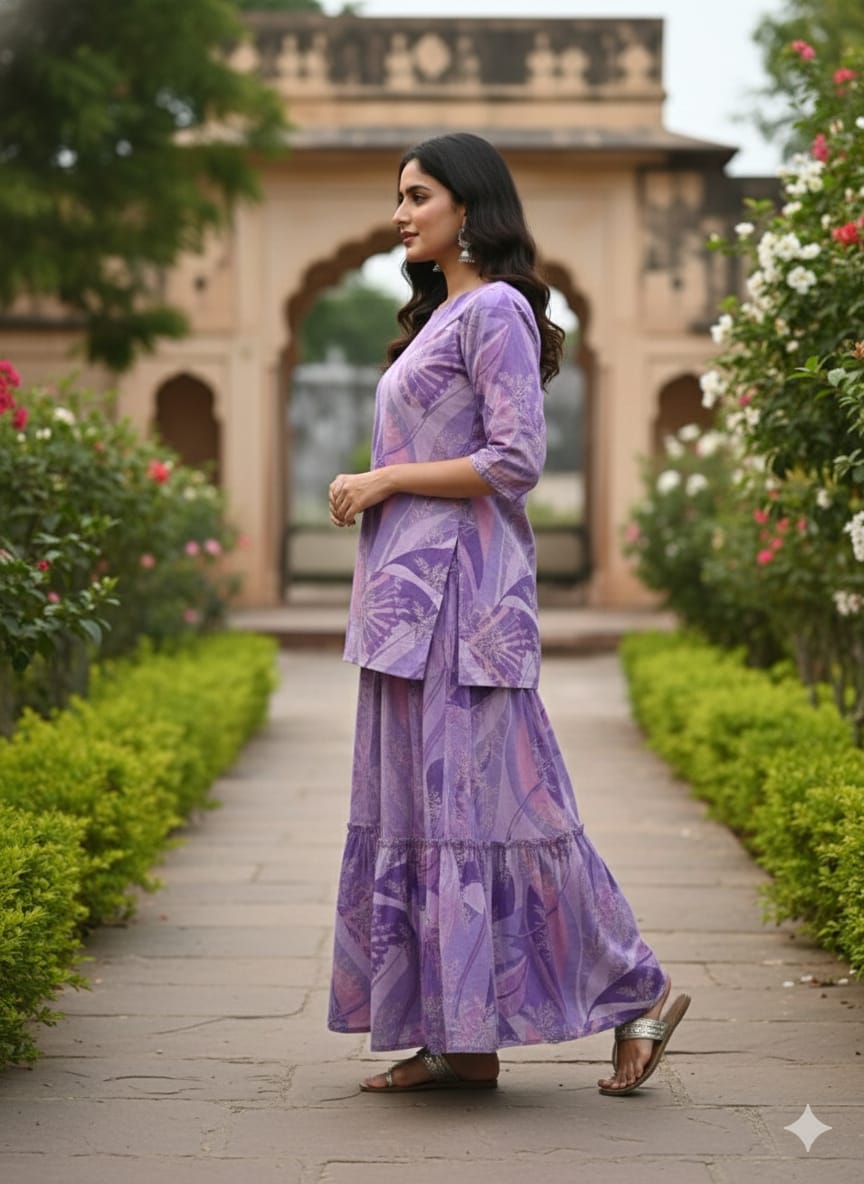 Women’s Purple Abstract Printed Cotton Kurta with Flared Skirt Set