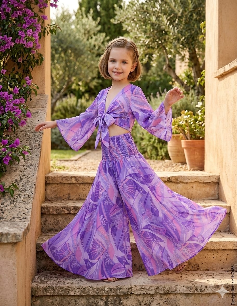Baby Girls Purple Abstract Printed Tie-Front Crop Top & Flared Palazzo Pant Co-ord Set