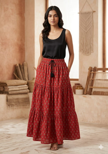 Women’s Red Booti Printed Cotton Tiered Maxi Skirt