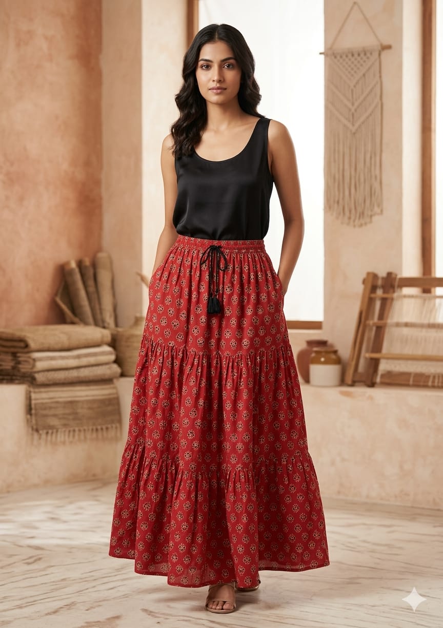 Women’s Red Booti Printed Cotton Tiered Maxi Skirt