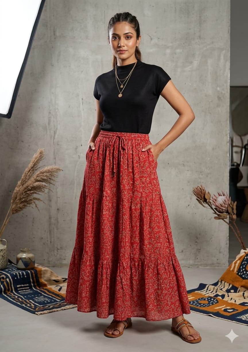 Women’s Red Paisley Printed Cotton Tiered Maxi Skirt