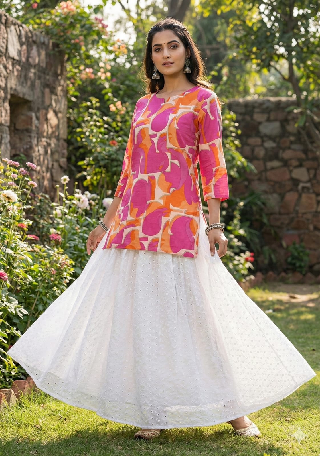 Women’s Red Abstract Printed Rayon Kurta with Chikankari Flared Skirt Set