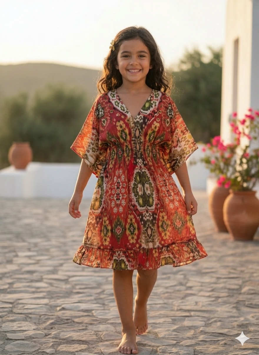 Girls Red Ikat Print Kaftan Dress with Smocked Waist & Tassel Tie-Up