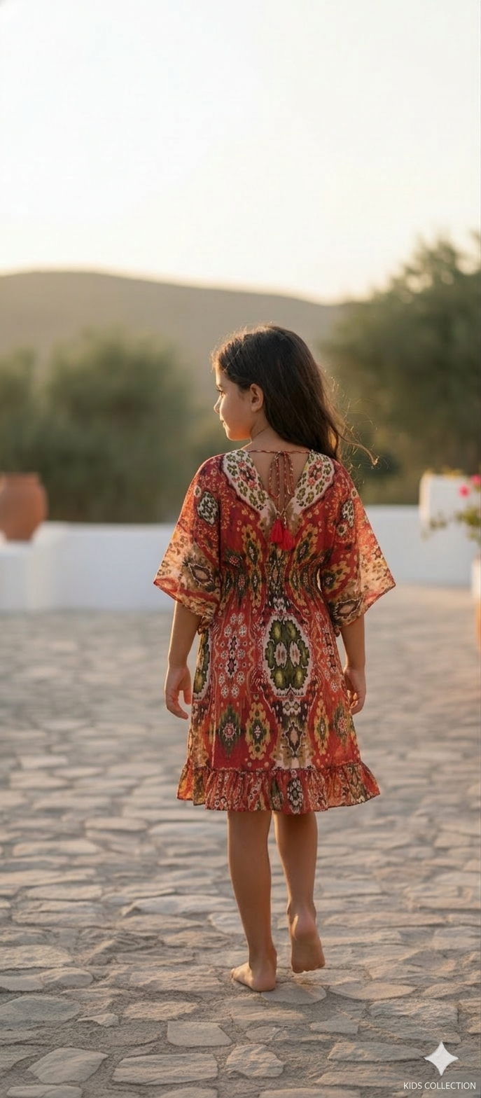 Girls Red Ikat Print Kaftan Dress with Smocked Waist & Tassel Tie-Up