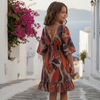 Girls Red Abstract Print Kaftan Dress with Smocked Waist & Tassel Tie-Up