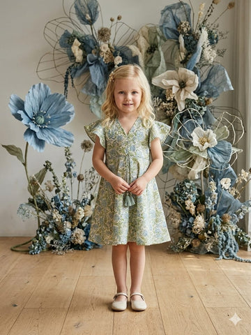 Baby Girls Saga Green Jaal Printed Chanderi Umbrella Style A-Line Dress with Flutter Sleeves