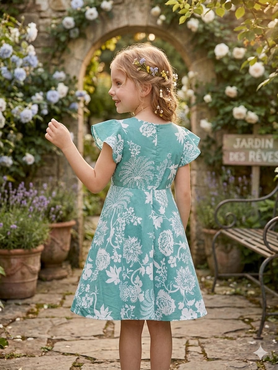 Baby Girls Sky Blue Floral Printed Cotton Umbrella Style A-Line Dress with Flutter Sleeves