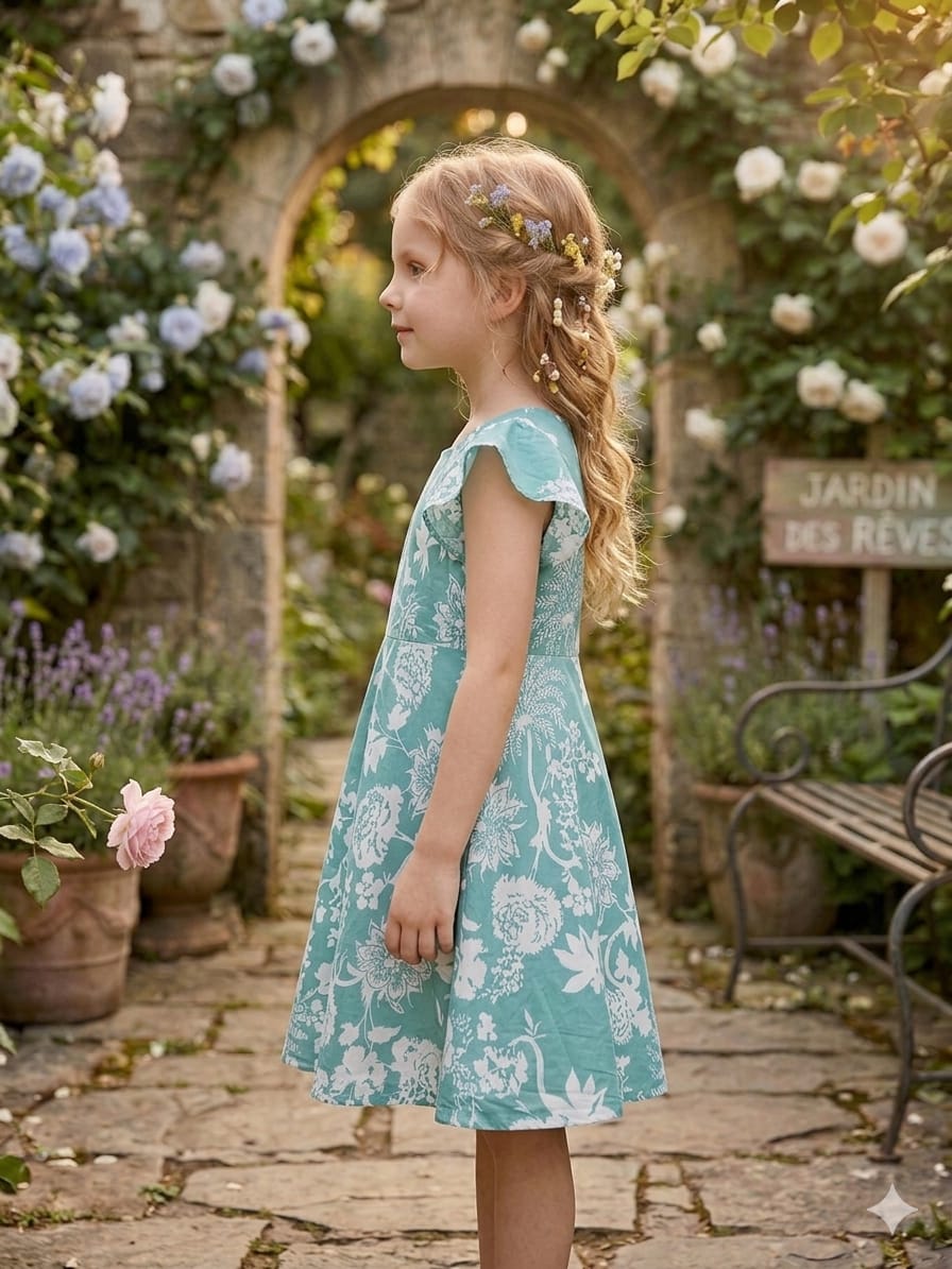 Mom & Me Sky Blue Floral Printed Cotton Umbrella Style A-Line Dress with Drawstring Waist