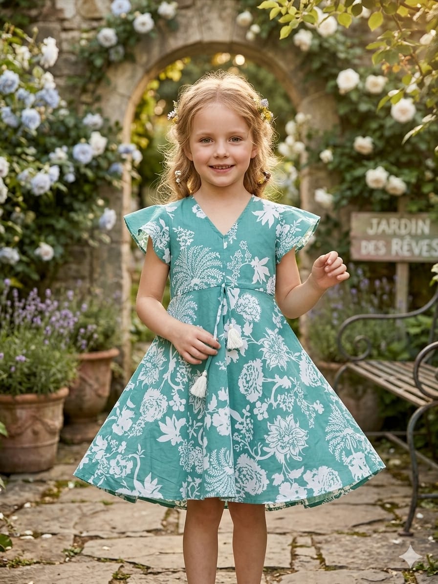 Mom & Me Sky Blue Floral Printed Cotton Umbrella Style A-Line Dress with Drawstring Waist