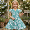 Baby Girls Sky Blue Floral Printed Cotton Umbrella Style A-Line Dress with Flutter Sleeves