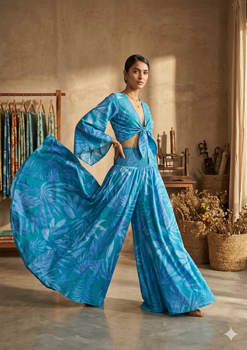 Azure Leaf Print Co-Ord Set with Tie-Up Crop Top & Flared Palazzo