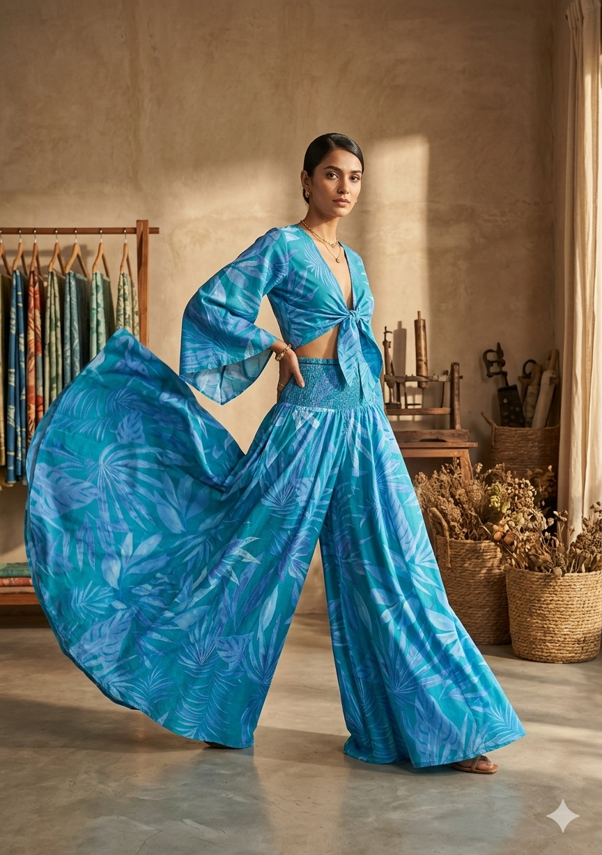 Azure Leaf Print Co-Ord Set with Tie-Up Crop Top & Flared Palazzo