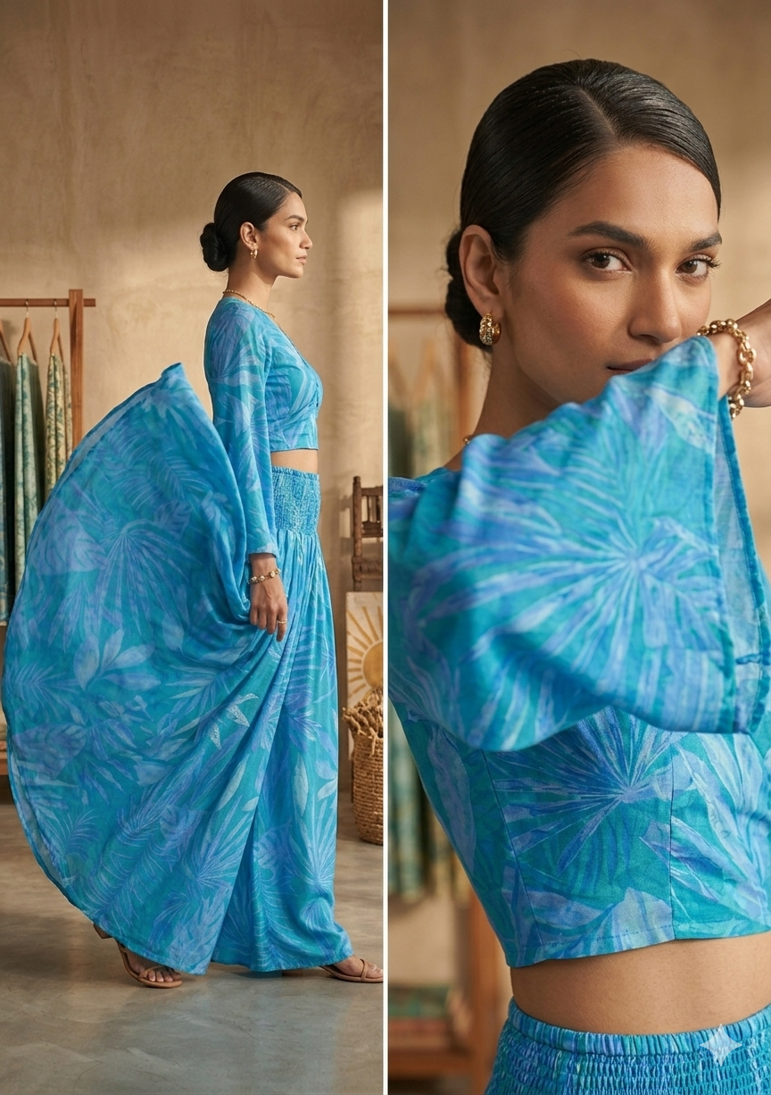 Azure Leaf Print Co-Ord Set with Tie-Up Crop Top & Flared Palazzo
