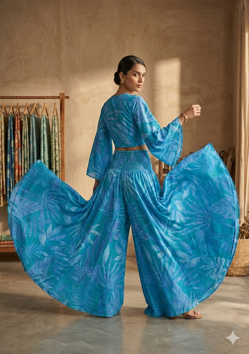 Azure Leaf Print Co-Ord Set with Tie-Up Crop Top & Flared Palazzo