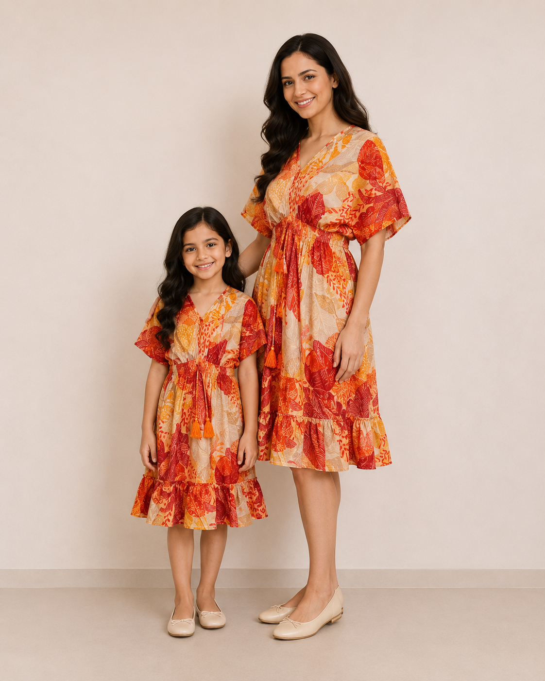 Mom & Daughter Orange Tropical Leaf Printed Matching Flared Dress Set with Tassel Tie-Up Detail